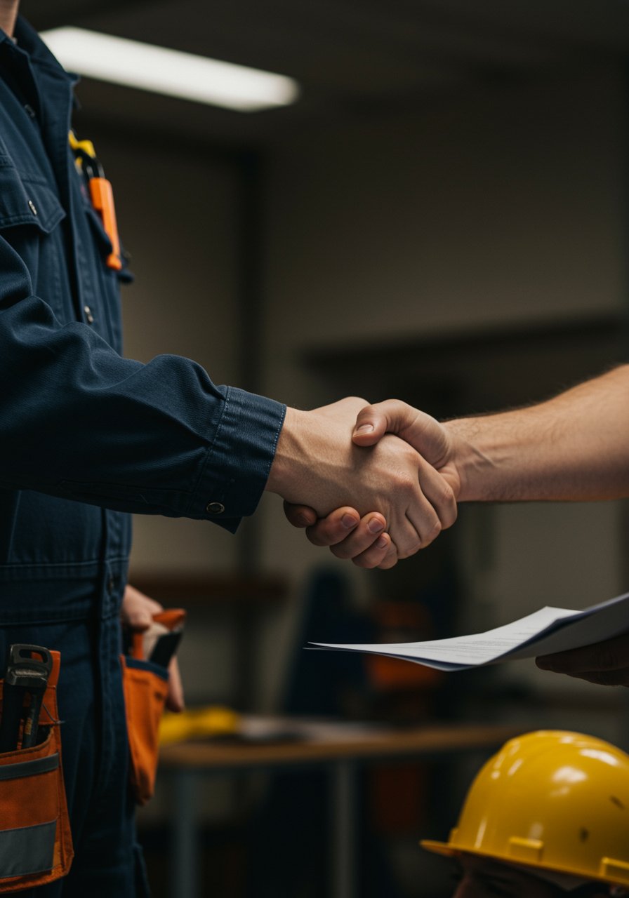 imagen10 "Primer plano fotorealista de un fontanero de piel clara estrechando la mano de un cliente sobre un contrato, simbolizando confianza y profesionalismo en el sector de la fontanería."