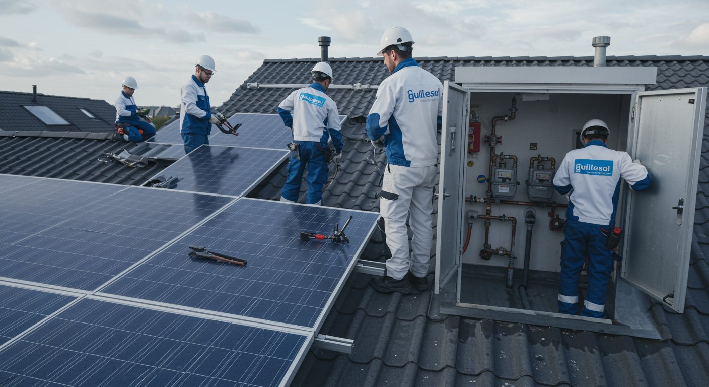 "Equipo de técnicos de Guillesol instalando paneles solares en un techo suburbano, destacando su profesionalismo y seguridad en un ambiente luminoso."